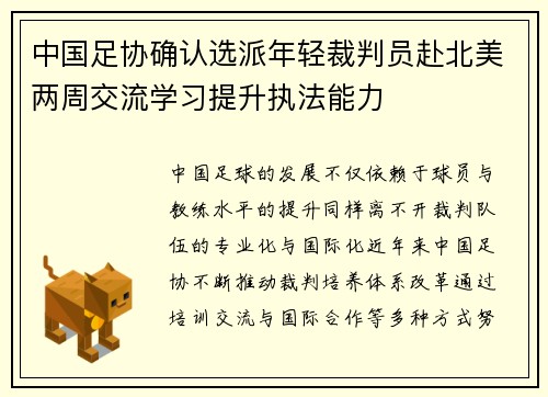 中国足协确认选派年轻裁判员赴北美两周交流学习提升执法能力 中国足协确认选派年轻裁判员赴北美两周交流学习提升执法能力