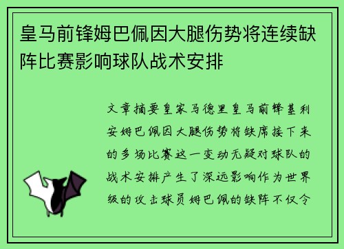 皇马前锋姆巴佩因大腿伤势将连续缺阵比赛影响球队战术安排 皇马前锋姆巴佩因大腿伤势将连续缺阵比赛影响球队战术安排